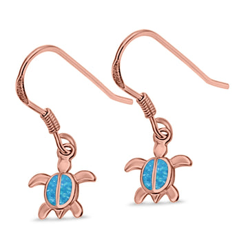 Drop Dangle Turtle Earrings Rose Tone, Lab Created Blue Opal 925 Sterling Silver